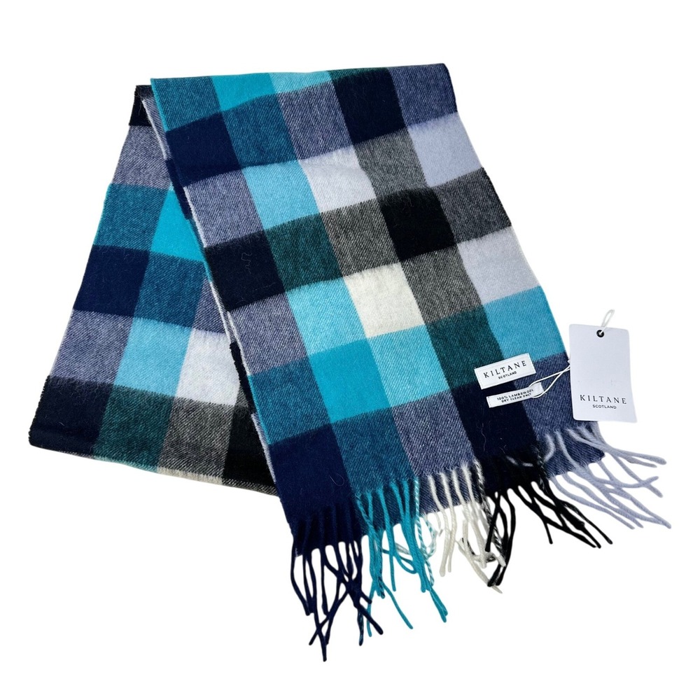 Kiltane Scotland 100% Lambswool Scarf‎ Blue Green Check 68 x 11